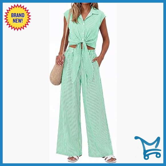 Striped V-Neck Tie Front Crop Top Wide Leg Pants Lounge Set Size Small